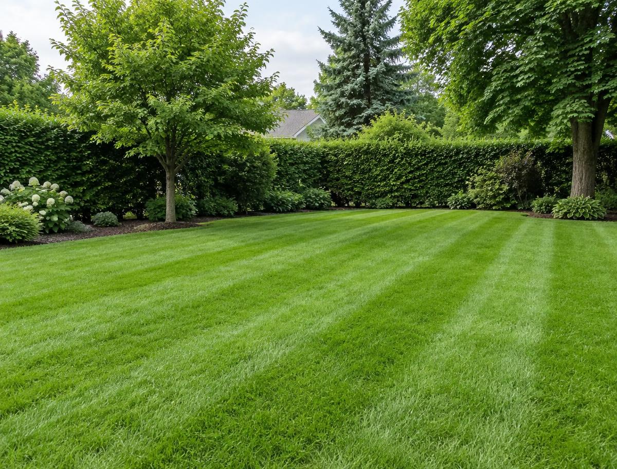 Freshly mowed green backyard lawn bordered by hedges and trees